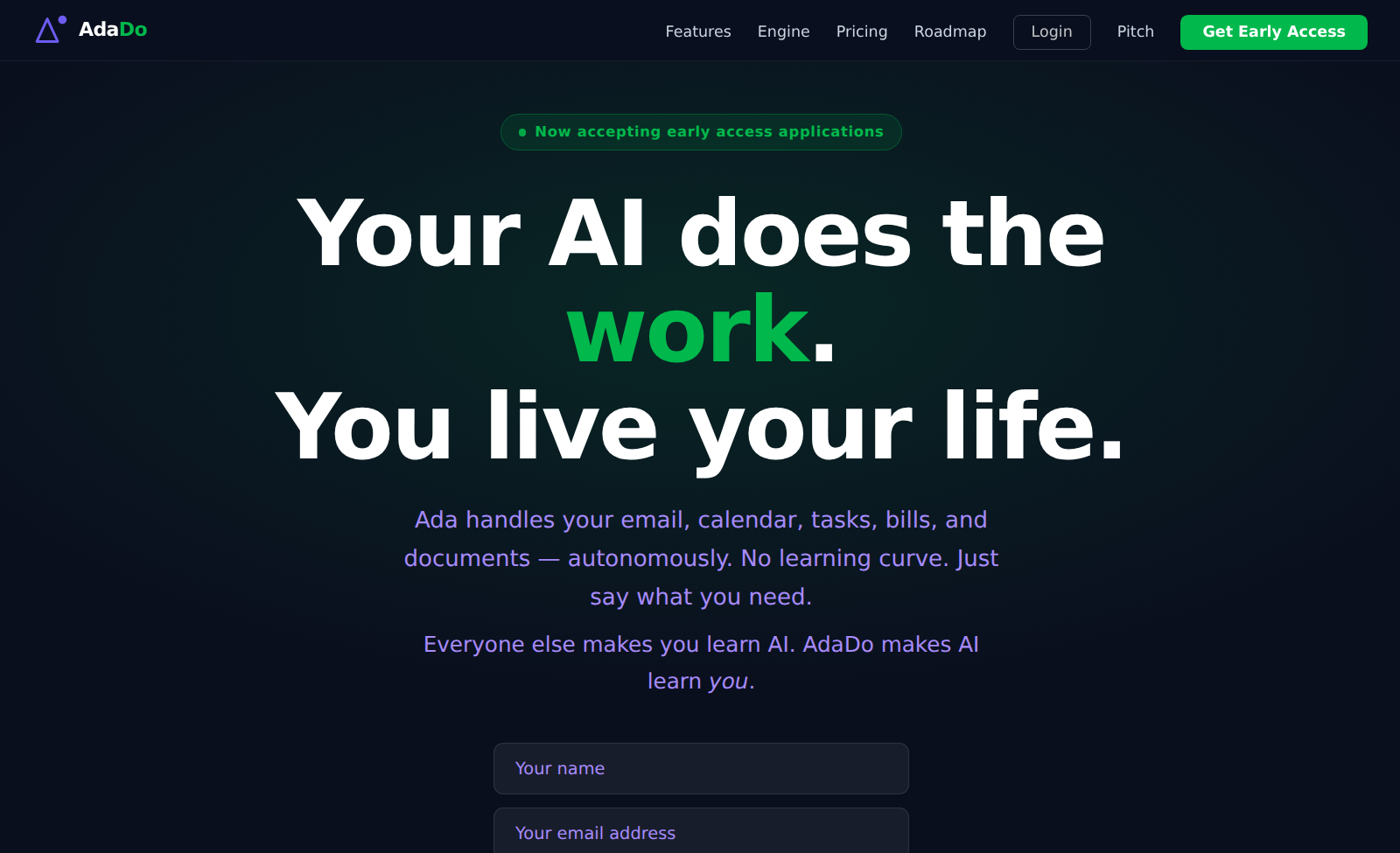 The AdaDo website open in the AdaDo Browser